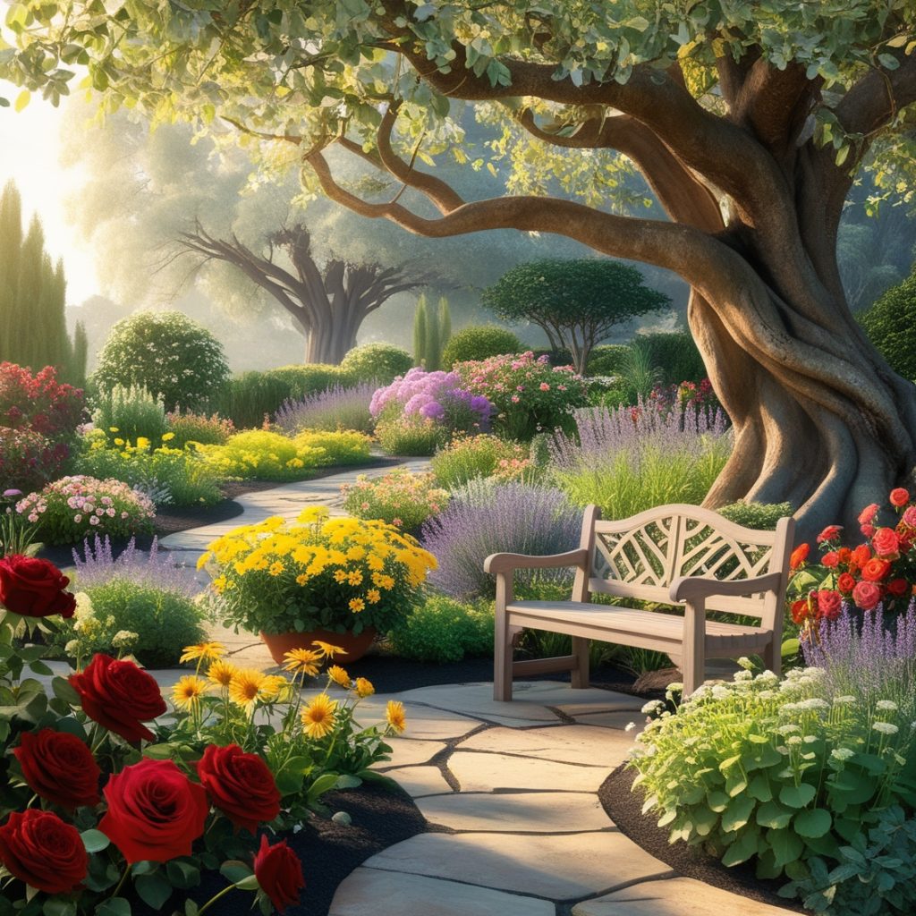 A serene garden in full bloom, symbolizing life and renewal.