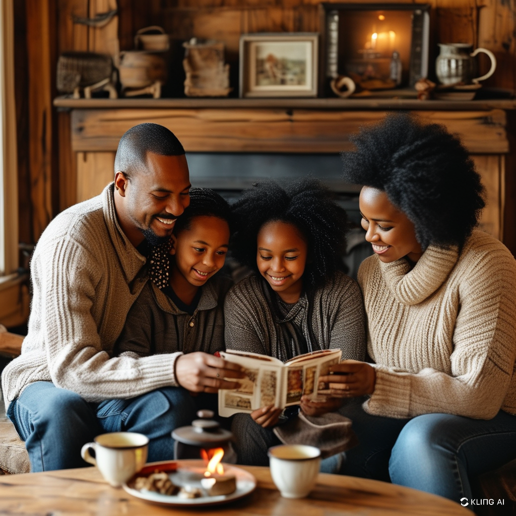 A cozy family gathering, sharing stories around a fireplace. 